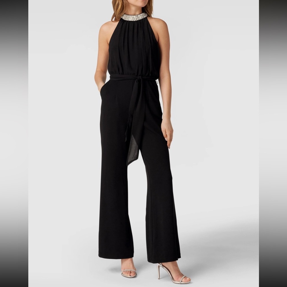 Adrianna Papell black pearl chiffon crepe jumpsuit size 18